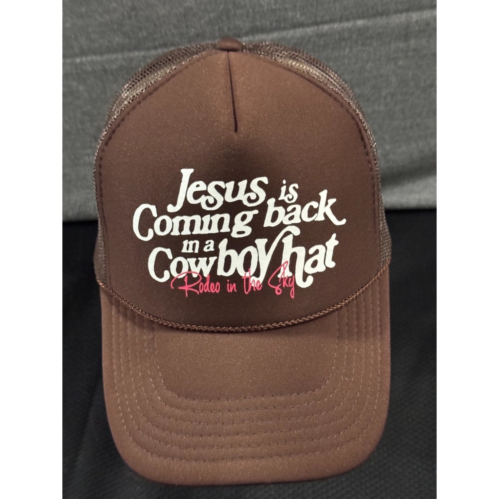 Rodeo in the Sky Trucker Cap Men's One Size Jesus is Coming Back in a Cowboy Hat